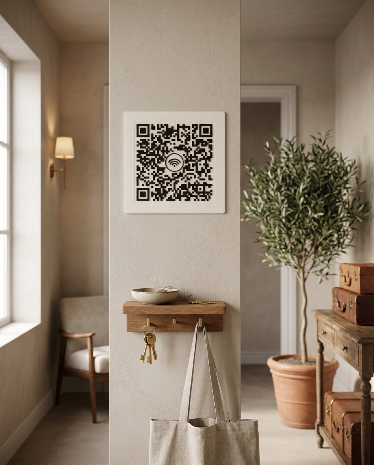 Square Wi‑Fi QR Code Plaque styled as modern decor in a warm entryway