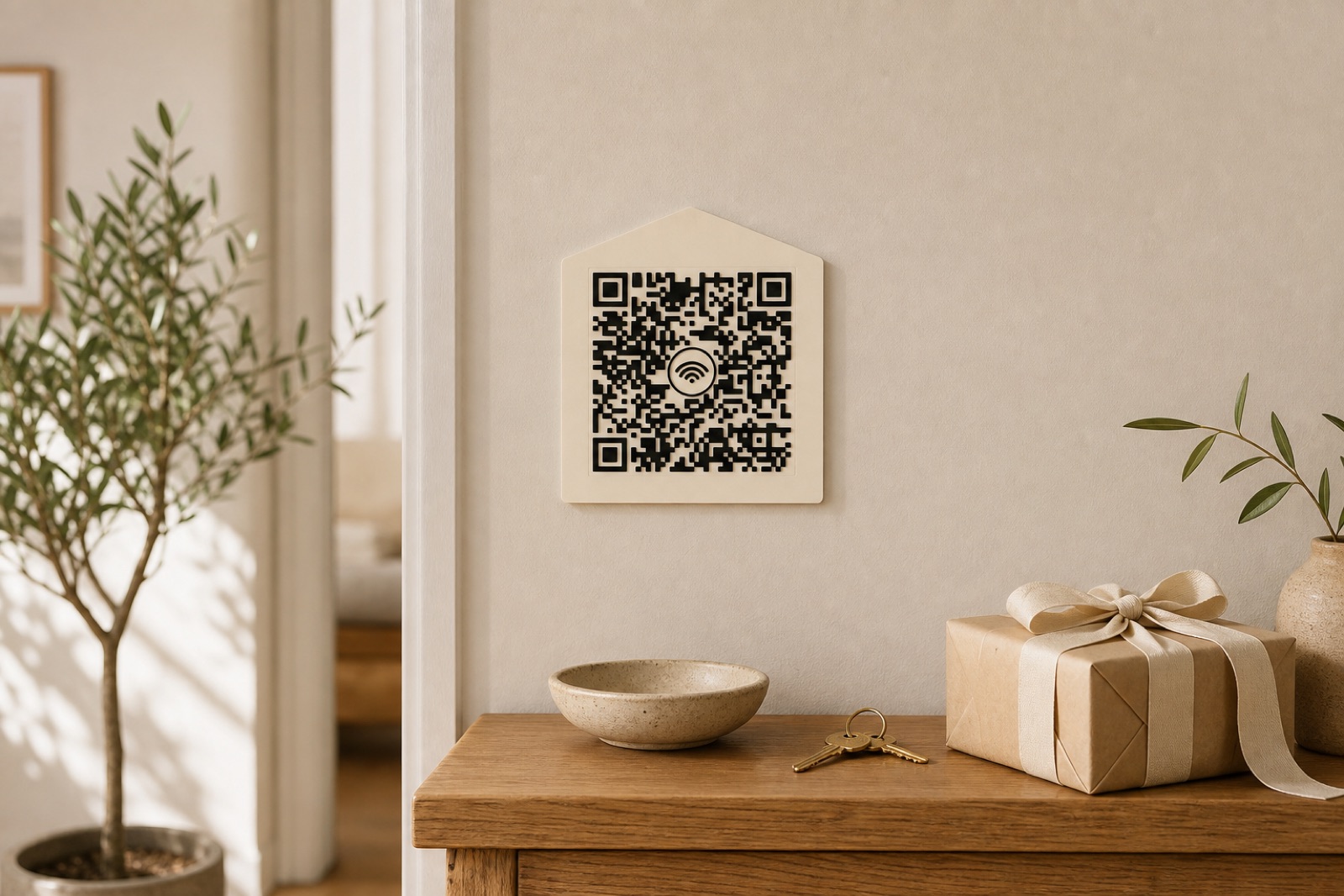 House-shaped Wi‑Fi QR Code Plaque displayed as modern wall decor in a warm new-home setting
