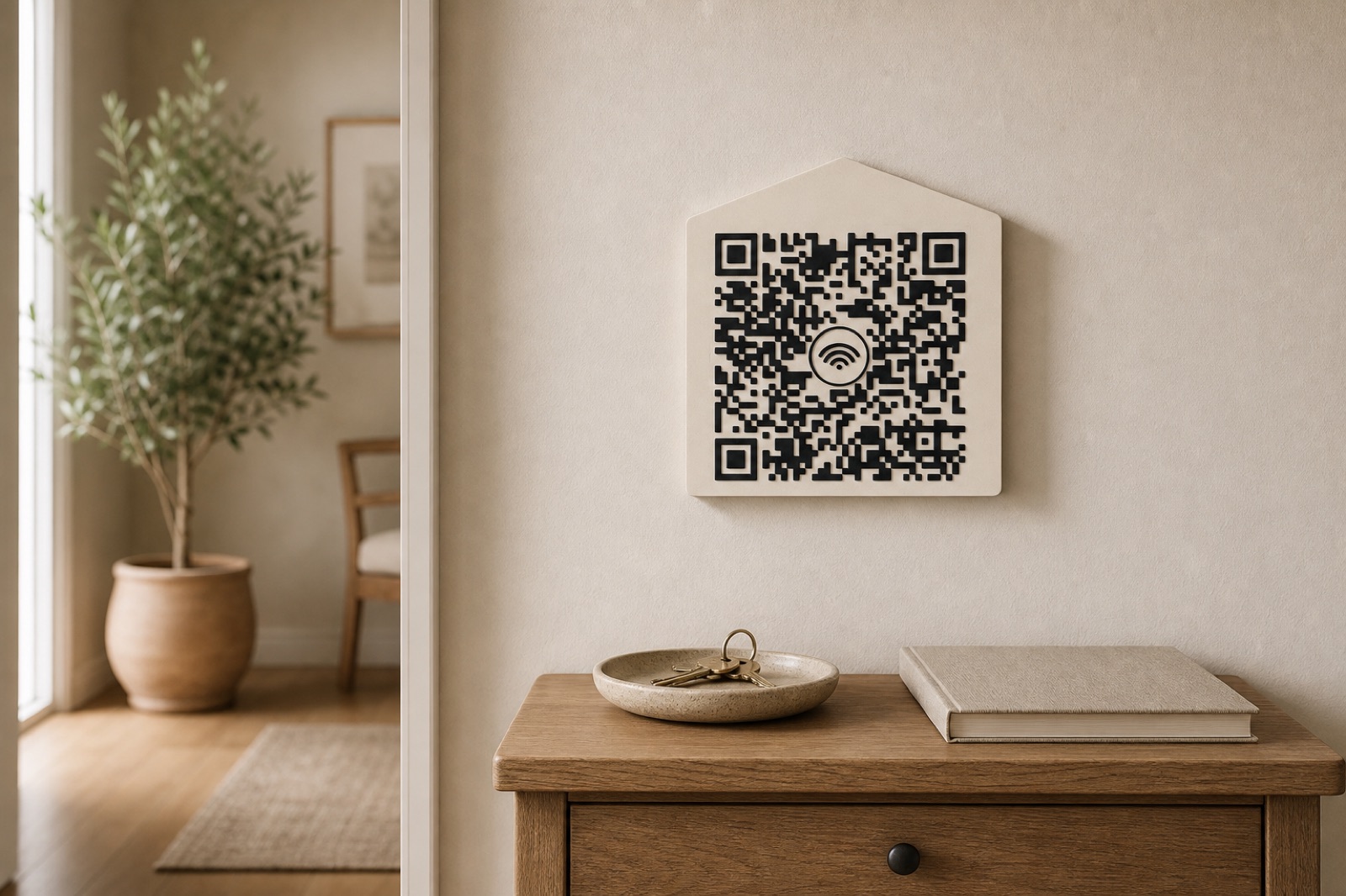 House-shaped Wi‑Fi QR Code Plaque in a warm home entryway