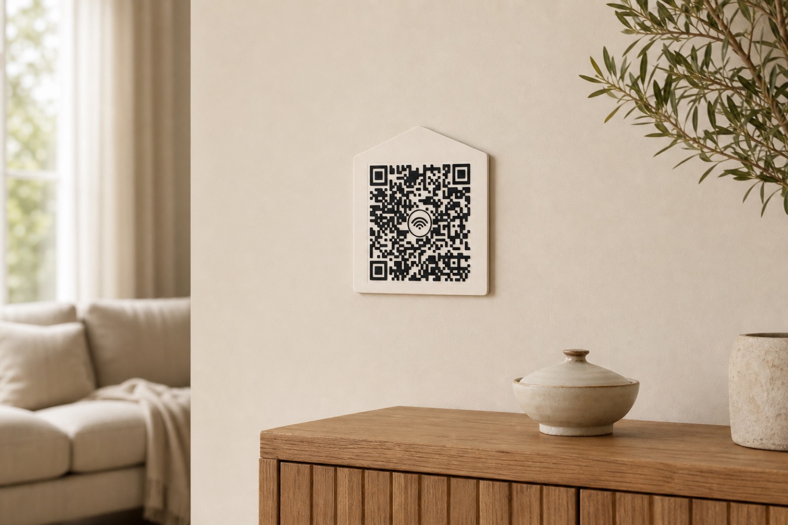 House-shaped Wi‑Fi QR Code Plaque at Large size on a living-room wall
