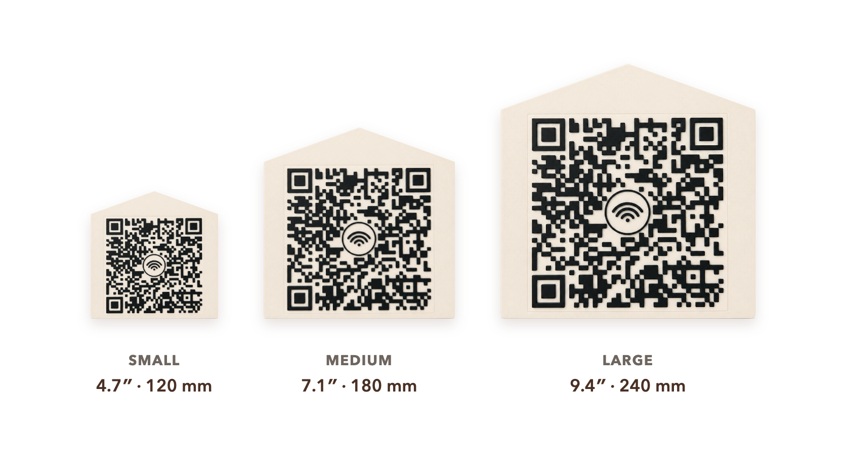 House-shaped Wi‑Fi QR Code Plaque in Small 4.7 inch, Medium 7.1 inch, and Large 9.4 inch sizes